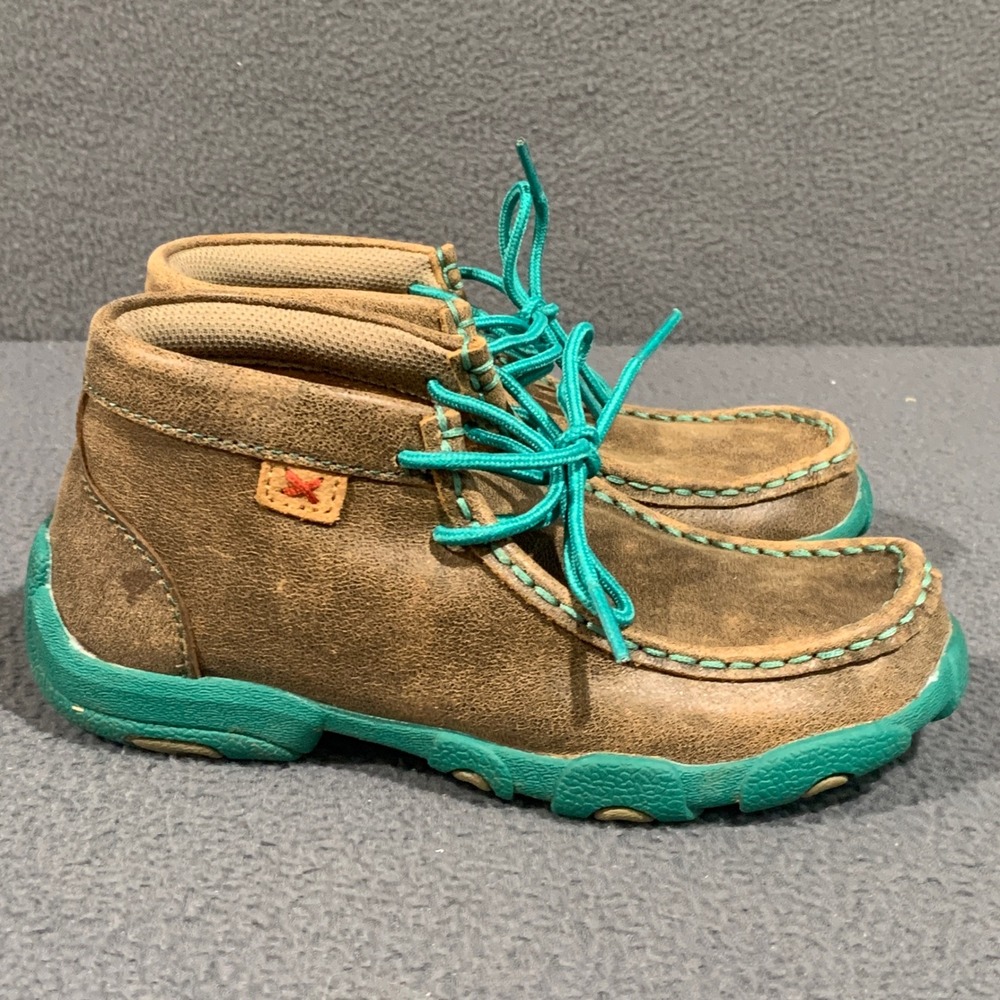 Twisted X Kids Driving Moc Chukka Brown Turquoise Leather Shoes YDM0017 Sz 12.5